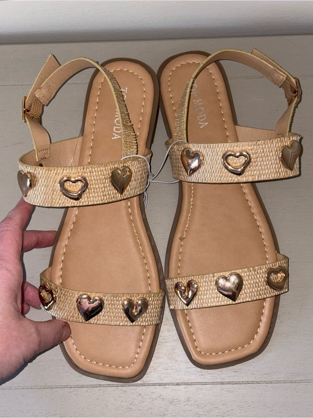 TOP Moda Beige Strappy Sandals with Gold Heart Accents